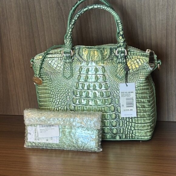 NWT BRAHMIN AGAVE METALLIC MEDIUM DUXBURY LEATHER DOME SATCHEL HANDBAG & WALLET - Picture 2 of 10